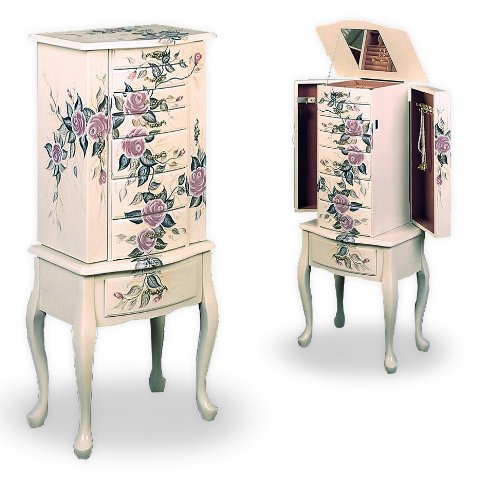 Floral Hand Painted Jewelry Armoire Mirrored Wood Box [Kitchen] [Kitchen]