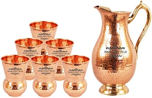 Indian Craft Villa Handmade Mughlai Copper &amp; Nickel Jug Pitcher Pot Volume 2.1 Liter With 6 Pure Copper Glass Cup Volume 375 Ml Storage Water Home Decorating Showcase
