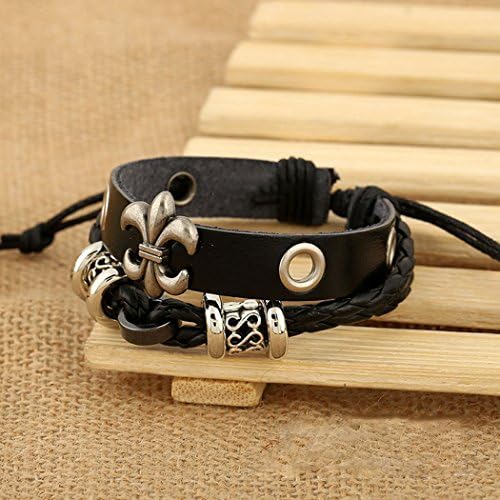 Carat Lovers Alloy Flower Shaped Relegious Symbols Fashion Leather Wrap Bracelet (Black, Unisex, 2.36"/6cm-3.54"/9cm in Diameter)