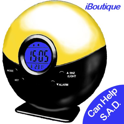 iBoutique Premium Natural Sunrise Digital Alarm Clock / Dawn Simulator - Gradual Light Up Over 20 Minutes & Room Temperature Display (SUN001BW Piano Black) - Free SAD Book Included