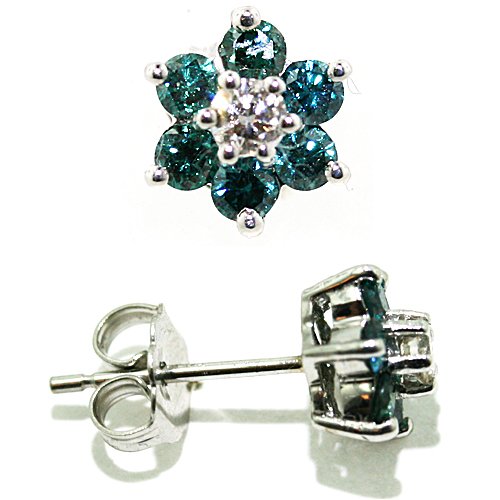 14K WHITE GOLD EARINGS WITH 3/4 Cttw WHITE AND BLUE DIAMONDS-FREE SHIPPING