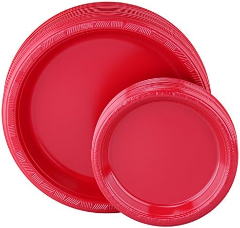 Economy Pack Red Plates! Includes 50 Red Plastic Dinner Plates & 50 Red Plastic Lunch Plates
