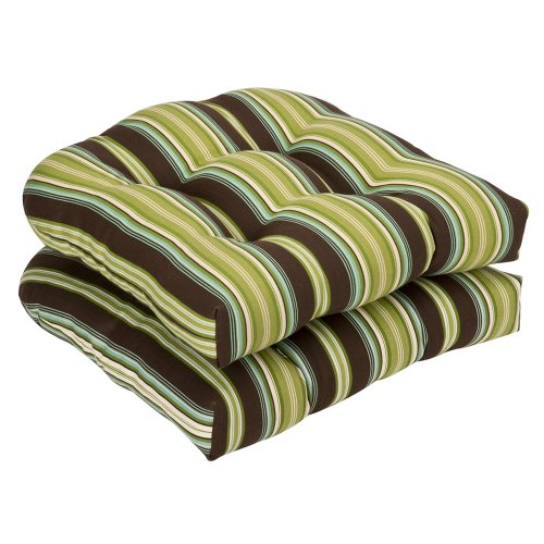 Pillow Perfect Indoor/Outdoor Brown/Green Striped Wicker Seat Cushions, 19-Inch Length, 2-Pack