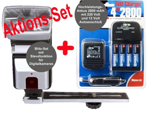 Blitzgerät mit Slave Funktion für die modernen Digitalkameras inkl. Akku Hochleistungs-Set mit Kfz-Ladeteil passend für DMC- TZ1 / TZ2 / TZ3 / TZ4 / TZ5, Casio Z75, Z77, Z1200, Z11, Z65, Z1050, S880, S10, S770, V7, Z77, Z75, Z1080, FZ18 / FZ8 FZ7, Canon S3 / S5, Fuji S6500 / S9000 / S9500, Sony H2 / H5 / H9, Nikon P80 / P5000 / P5100 / P60 / P50, Canon EOS 400 / 350 und Camcorder Sony SR7 / SR8 / SR5 / SR10 / SR11 / SR12 / SR35 / SR55 / SR75 / UX1 / UX5 / UX7 / HC3 / HC5 / HC7 / HC9, Panasonic SD100 / SD9 / HS9 / H280 / H60 / H40 / S9 / SW20