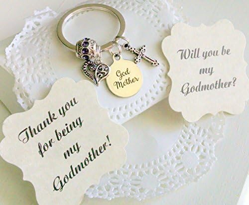 Godmother Gift, Gift For Godmother, Will You Be My Godmother, Keychain, Charm is Size of a Nickle, Comes with Both Cards, Barrel Bead is Purple, Cross or Daisy
