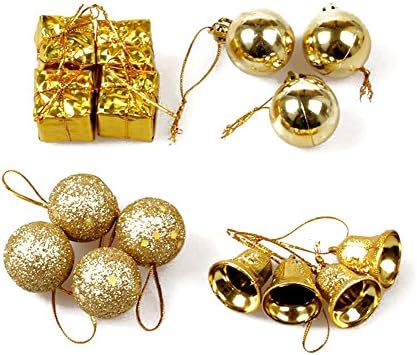About2shop Gold Glittering Christmas Hanging Ornaments Sets Shatterproof Christmas Tree Decorating Bells Balls Gift Boxes Kit-Pack of 15 PCS