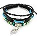 Real Spark Men Women Multi Strand Beads Braided Leather Silver-Tone Leaf Pendant Charm Wrap Bracelet