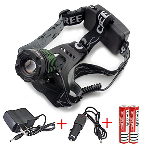 Genwiss Zoom Headlamp LED Torch light CREE XM-L2 2*18650 Head lamp Rechargeable Zoomable 5000Lm super T6 for Camping Biking Working Hunting Fishing Riding Walking(included battery and charger)