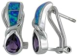 Sterling Silver, Synthetic Opal Inlay Clip Earrings with Pear Shape Amethyst CZ, 3/4 (18 mm) long