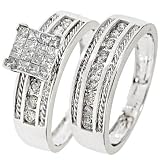 1 1/10 Carat T.W. Round, Princess Cut Diamond Ladies' Bridal Wedding Ring Set 10K White Gold - Size 7