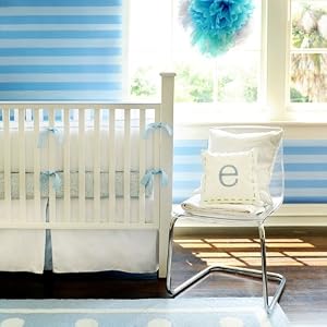 white pique baby bedding with blue trim