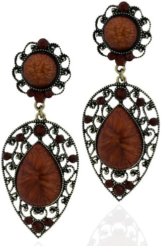 Bali Ornate Metal Dangle Dimensional Teardrop Resin & Crystal Earrings (Walnut Brown)
