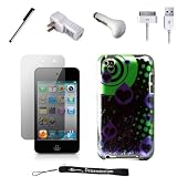 Green and Purple Retro Hearts Design on Black Cover / 2 Piece Snap On Crystal Case for New Apple iPod Touch 4 ( 4th Generation 8GB 16GB 32GB ) + Includes a USB Travel Car Charger, a USB Home Charger and a USB Data Sync Cable + Includes Anti Glare Screen Protector Guard and a Graphic Designer Stylus Pen to Navigate Device
