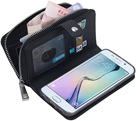 TaoFilm Pro Premium PU Leather Zipper Wallet Bag Case [Detachable Magnetic] [Zipper Wallet + TPU Protection] [Litchi Stripe] [Wrist Strap] For Samsung Galaxy S7 - Black