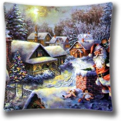Christmas Decorative Pillow Cover- Zippered Cushion Cover Christmas Village Painting Square Pillow Case 18x18 Christmas Pillow Sham