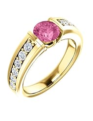 14K Yellow Gold 6.00mm Round Cut Pink Sapphire and Diamond Ring -- LIFETIME WARRANTY