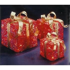 Set of 3 Sparkling Red Sisal Gift Boxes Lighted Christmas Yard Art Decorations by National Tree