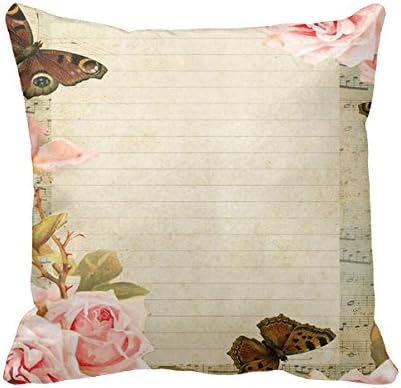 Decorative Cotton Square Throw Pillow Case Cushion Cover French Sheet Music Lined Paper Brown Butterflies Pink Roses Blue Sky pillowcase For Sofa