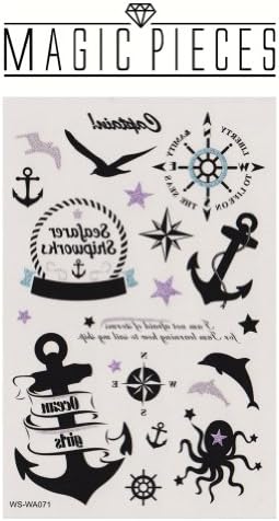 MagicPieces Temporary Tattoo Fake Tattoo Waterproof Non-toxic Tattoo Sticker with Sequins Anchor Dolphin Compass Pattern Size 3.9"X5.9" T0522