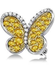 Yellow Sapphire Gemstone and Diamond Butterfly Shaped Brooch Pin 14K White Gold 0.73ctw