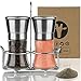 Salt and Pepper Grinder Set - Freshly Grinds Whole Peppercorns or Coarse Sea Salts, 2 Piece Stainless Steel and Glass Combo, Tabletop Stand Included with Mills - 100% Satisfaction Guaranteed