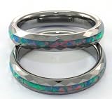 Narrow (4mm Wide) Faceted Tungsten Carbide Ring with Black/red/green Precious Opal Inlay