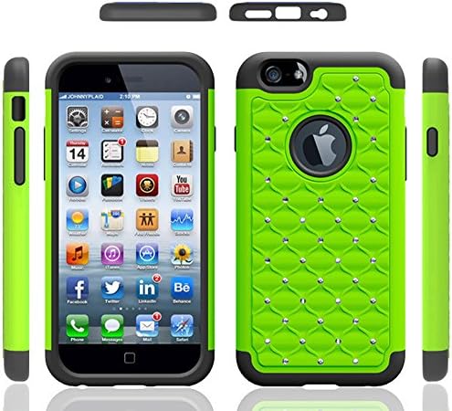 Iphone 6 Case, Meaci® Cellphone Case for Iphone 6 (4.7 Inch) 2 in 1 Case Combo Hybrid Case Glitter/bling Diamond Dual Layer Pc and Silicon Rubber Protective Case (green and black)