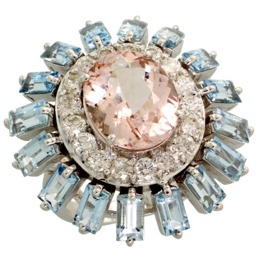 14k White Gold Large Stone Ring, w/ 1.41 Carats Brilliant Cut Diamonds, & 8.47 Total Carat Weight Oval Cut (12x10mm) Morganite & Emerald Cut Aquamarine Stones, 1 1/8 in. (29mm) wide