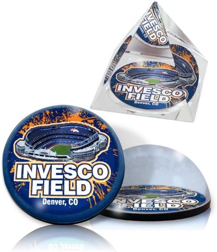 NFL Denver Broncos Invesco Field in a in 2" Ø crystal magnet and in a 2" crystl pyramid. Set of 2 pieces