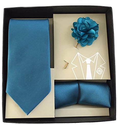 Men's Microfiber Teal Blue Matching Necktie Tie, Hanky and Lapel Pin Box Set