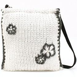 Winter 3 Flower Knit Handbag Shoulder Body Bag White with Gray