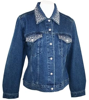 Christine Alexander - Star Glitz Spread Neck Collar, Cotton Spandex Blend Denim Jacket, Dark Denim Colored Accented with Swarovski Crystals