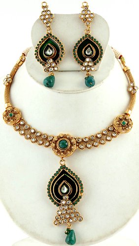 Faux Emerald Necklace Set with Charm - Copper Alloy with Cut Glass