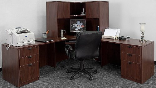 Contemporary Corner Desk and Hutch with Two Box/Box/File Pedestals, 42'' Returns & Mahogany Finish [SL-5134-46-3FUL3FUL-H-MAH-GG]