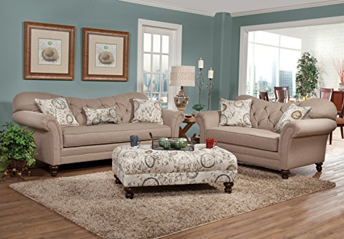 Metropolitan Dark Beige Fabric Upholstery Wood Frame Sofa with Loveseat and Pillows