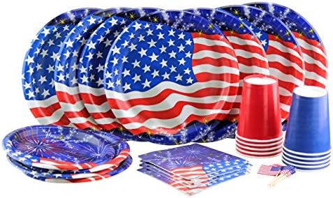 Celebrate Independence Day! Flag 'n Fireworks Party Set Includes Flag Banner, Dinner Plates, Lunch Plates, Napkins, Flag Toothpicks and Cups