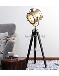 Lighting: NAUTICALMART BROWN BRASS FINISH FLOOR STANDING TEAK WOOD TRIPOD FLOOR LAMP - NAUTICALMART INC