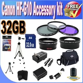 Canon HF-G10 Accessory Saver Bundle (32GB SDHC Memory + Extended Life Battery + Ac/Dc Rapid Charger + 3 Piece Filter Kit + 2X Telephoto Lens + Wide Angle Lens + USB Card Reader + Deluxe Case w/Strap + Memory Card Wallet + Full Size Tripod + Accessory Saver Bundle!)