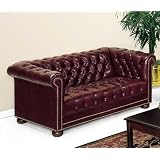 Chesterfield Traditional Leather Reception Room Loveseat Blackberry Leather/Mahogany Frame