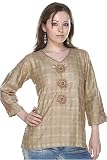 Beige Checkered V Neck 3/4 Sleeve Length Embellished Cotton Tunic (Petite, Tall & Misses Sizes XS-3X)