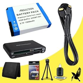 Halcyon 1500 mAH Lithium Ion Replacement Battery + Mini HDMI Cable + Multi Card USB Reader + Memory Card Wallet + Deluxe Starter Kit for GoPro HD Hero, HD Hero2, HD HERO Naked