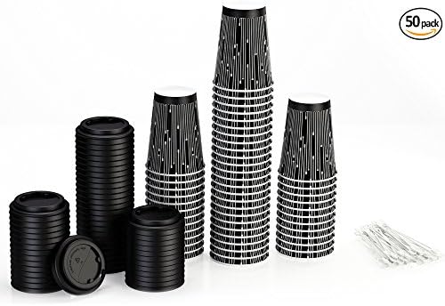 Disposable Coffee Cups with Lids and Stirrers (50 pack) - 12 oz Insulated Paper Cups with Accessories - Stylish Beverage Cups in Elegant Design perfect for Hot Cold Drinks (Paddle Art Design, 12oz)