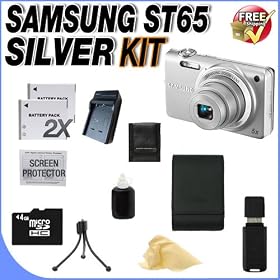Samsung EC-ST65 Digital Camera with 14 MP and 5x Optical Zoom (Silver) + 4GB Micro SD Memory Card + 2 Extra Extended Life SLB-70A Batteries + Ac/Dc Rapid Charger + USB Card Reader + Samsung Deluxe Case + Memory Card Wallet + Accessory Saver Bundle!