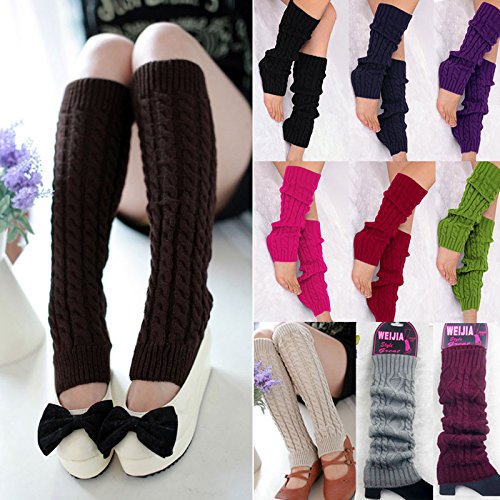 FUNOC Women's Winter Warm Leg Warmers Cable Knit Knitted Crochet Long Socks - Black