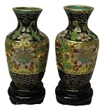 Set of 2 Chinese cloisonne copper body enameled flower vases, bases included, 3