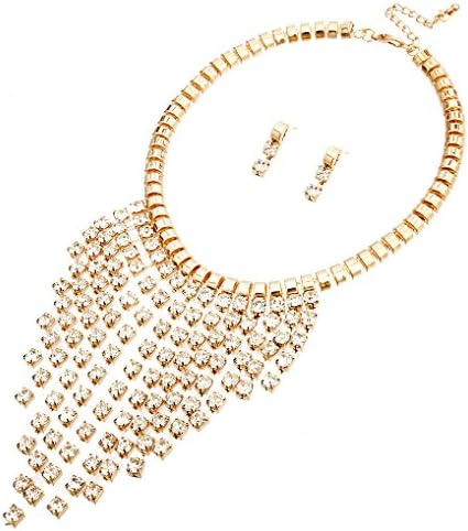 Belle Pink Pave Crystal Fringe Chocker Style Metal Statement Necklace Sets 20 Inches (Gold)