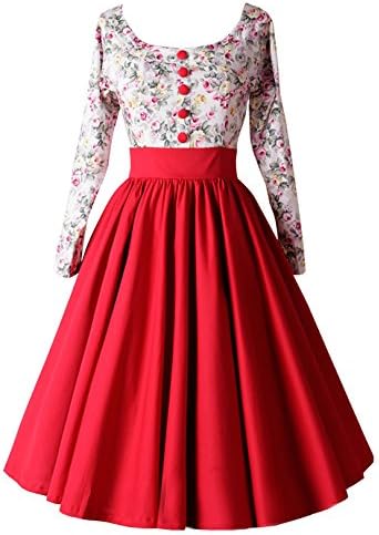 LWELA Women Vintage Splice Floral Rockabilly Swing Party Dress XX-Large Red