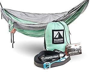 Outpost Camping Hammock With Adjustable LiteSpeed Cinch Buckle Suspension System- Includes 11' 100% Polyester Tree Straps, Wire Gate Carabiners- Single or Double Size- 100% Ripstop Parachute Nylon