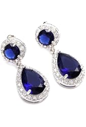 FC White Gold GP Blue Swarovski Element Crystal Sapphire Color Teardrop Dangle Bridal Wedding Earring