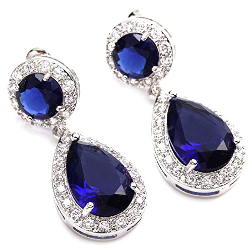 FC White Gold GP Royal Blue Crystal Sapphire Color Teardrop Dangle Bridal Wedding Earrings